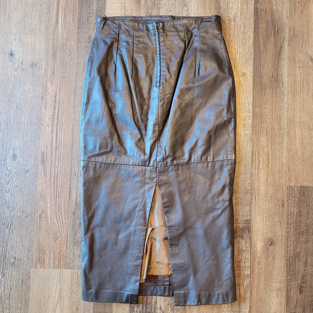 Vintage Genuine Brown Leather Midi Length Pencil Skirt